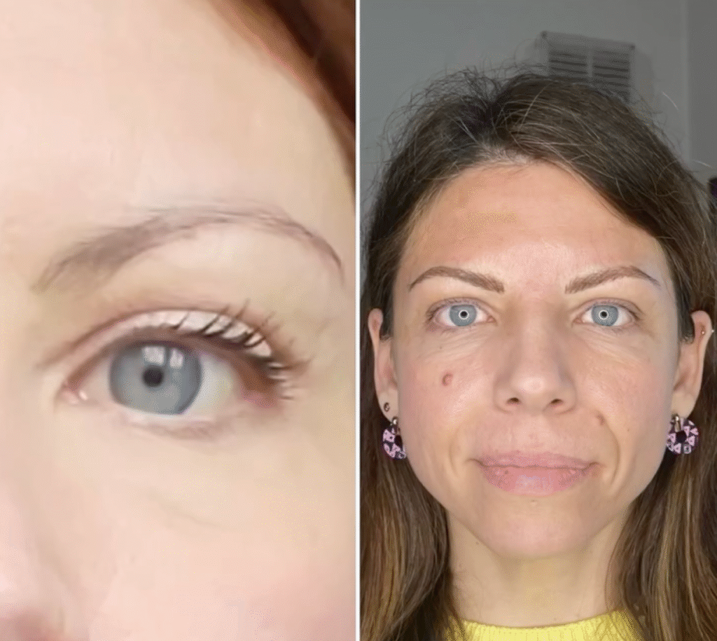 Before and after Nano Brows, thin uneven brows rebuilt with natural hair strokes